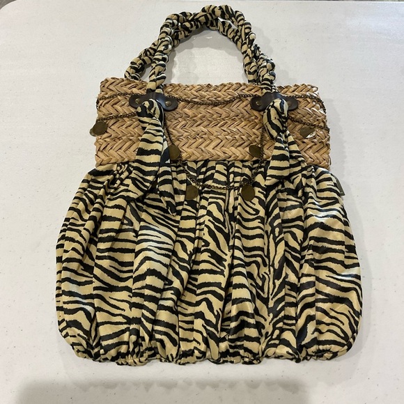 Vintage Sun n’ Sand Animal Print Shoulder Bag Magnetic Straw & Silky Fabric - Picture 3 of 12